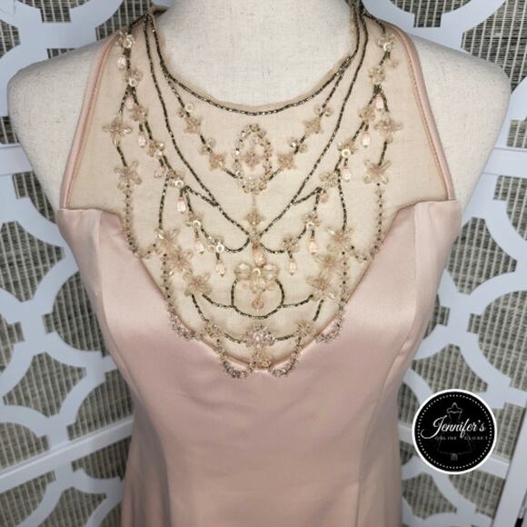 Jessica McClintock NWT Blush Sheer Hand Beaded Sleeveless Satin Dress Size 6 - Picture 2 of 15